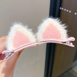 Pink and white plush cat ear hair clips for girls in a cute 3D handmade design