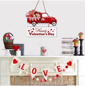 Red heart truck wooden hanging sign decoration over fireplace for Valentine's Day