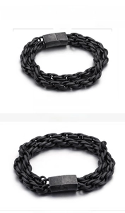 Detail showing vintage braided stainless steel bracelet with square magnetic clasp
