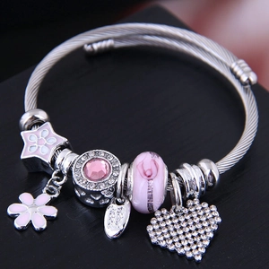 Charm Bracelet Alloy Steel Wire Heart Pendant Flower Enamel Beads Vintage Bohemian Jewelry For Women