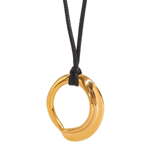 18k gold-plated stainless steel concave circular pendant on a black cord necklace