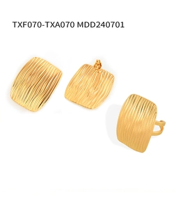 Detail of gold-plated geometric square earrings and ring set with ripple textures