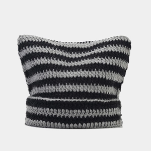 Handmade cat ear knit hat with black and gray stripes for a cozy winter casual style