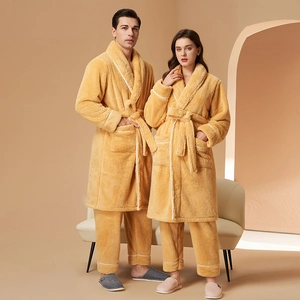 Thickened Flannel Pajamas Shawl Collar Robe And Trousers Warm Soft Fleece Loungewear Sleepwear For Men And Women