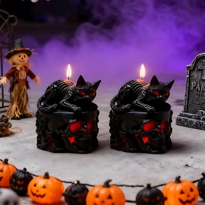 Moule À Bougie En Silicone Halloween Chat Noir Squelette Sur Crâne Moule DIY Pour Décoration Maison Gothique