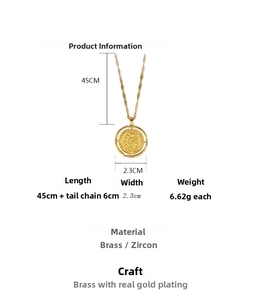 Detailed view of coin pendant necklace showing 45+6cm chain length and 2.3cm width specs