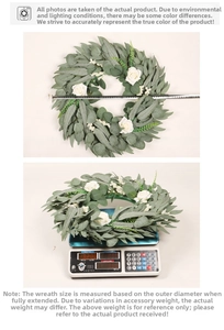 Detail view showing artificial wreath outer diameter measurement and product weight scale