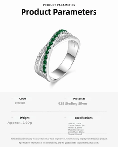 Detail view of S925 sterling silver ring with green zircon stones and sizing parameters