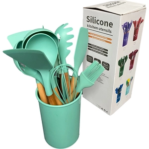 Silicone Kitchen Utensils With Wooden Handles Non Stick Heat Resistant Cooking Tools Spatula Spoon Whisk Tongs Bucket