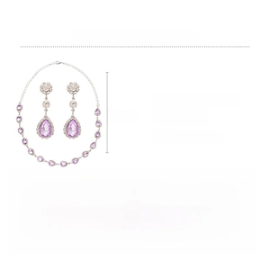 Detail view of purple teardrop crystal jewelry set including necklace and drop earrings