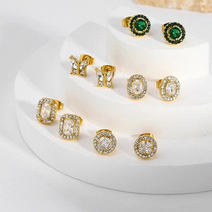 5-piece gold titanium steel stud earring set featuring green zircon and geometric shapes