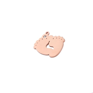 Rose gold stainless steel baby feet pendant with sparkling rhinestone on white background