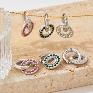 Retro stainless steel hoop earrings with detachable oval full diamond pendants in three colors