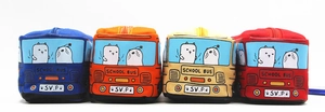 Multiple views of canvas school bus pencil cases in blue, orange, yellow and red colors
