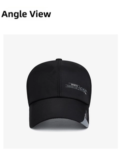 Front detail of black breathable sports baseball cap with Sports Fashion print and long brim