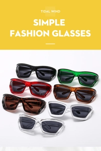 Detailed catalog of colorful chunky geometric sunglasses in seven trendy vibrant finishes