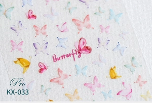 Close-up of watercolor butterfly 5D nail art stickers with KX-033 series numbering