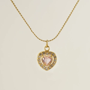 Elegant gold necklace with sparkling pink heart pendant surrounded by clear zircon stones