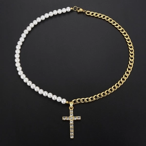 Collier hip hop avec perles et chaîne cubaine, pendentif croix serti de diamants