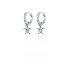 Detail showing S925 sterling silver star hoop earrings with sparkling moissanite stones