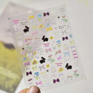 Detailed view of 3D cute stickers with bunny, colorful bows and flower patterns