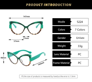 Guide détaillé des dimensions de lunettes œil-de-chat léopard et texture verte
