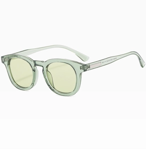 Detail view of oval light green glasses frames with size specs and metal core