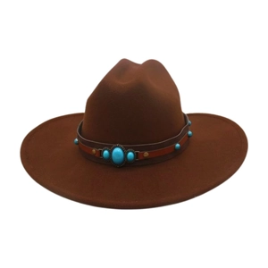 Detail of dark brown suede cowboy hat with turquoise beads on leather band