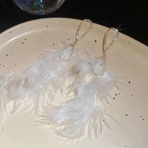 Detailsicht eleganter Ohrringe mit weißen Federn, Strasssteinen und Silbersteckern