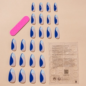 Französische Mandel-Kunstnägel mit blauen Wirbeln, inklusive Feile und Klebepads
