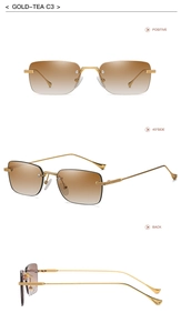 Three-view layout of rimless rectangular sunglasses in gold metal with tea gradient lenses