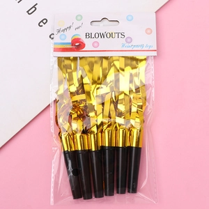 6-pack of gold metallic fringe blowouts party favors with black plastic mouthpieces