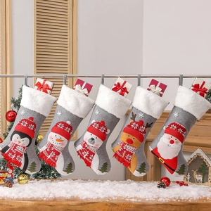 Christmas Stockings Xmas Gift Bags Grey Felt 3D Applique Character White Faux Fur Cuff Holiday Home Party Decoration