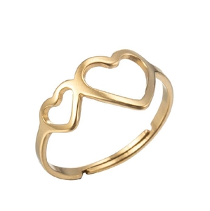 Minimalist golden stainless steel open ring featuring a double heart adjustable design