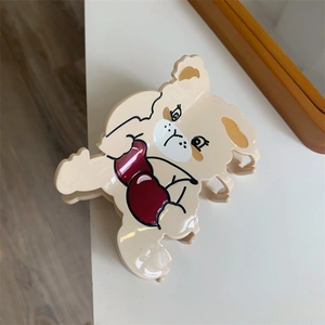 Cute cartoon puppy hair claw clip made of beige acetate with red bikini pattern for girls
