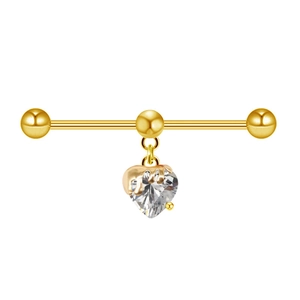 Gold industrial barbell earring featuring a heart-shaped zircon pendant with melt design