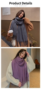 Detail showing thick grey and purple cashmere scarves with long fringes and soft texture