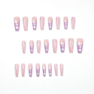 Purple long coffin press-on nails set with 24 pieces featuring floral and glitter designs