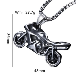 Macro detail of punk motorcycle pendant necklace with precise dimensions 36mm by 43mm