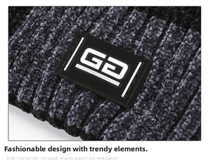 Close-up of thick winter knit beanie fabric texture with GD rubber logo label