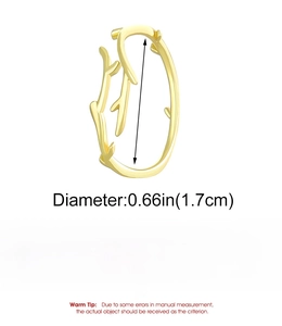 Detailed size chart for the golden branch ring showing 1.7cm diameter and weight