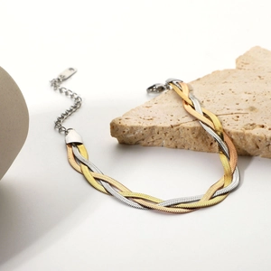 Driekleurige gevlochten platte slangenketting armband in goud zilver en roséstaal