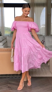Full-length view of a pink off-shoulder tiered maxi dress with puffy lantern sleeves