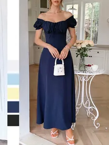 Vestito Maxi Elegante Con Spalle Scoperte Donna Retrò Scollo Quadrato Maniche Corte A Sbuffo Vita Alta Tinta Unita Poliestere