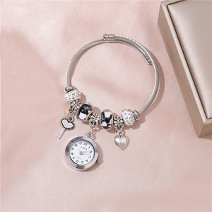 Silver beaded bracelet watch featuring rhinestone charms, love beads and heart key pendant