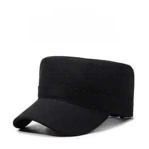 Detail of SPORT embroidery on black flat top military cap with cotton fabric texture