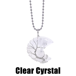 Clear crystal moon pendant with silver tree of life wire wrapping on beaded necklace