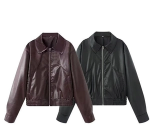 Detail view of smooth PU leather jackets in burgundy and black with zipper and collar