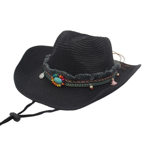 Black western straw cowboy hat with ethnic embroidery, turquoise beads and chin strap