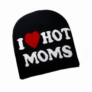 Winter black knit beanie with red heart and white I LOVE HOT MOMS slogan embroidery